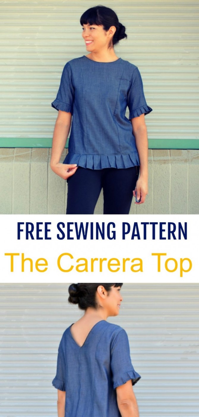 Free ladies top sewing pattern with pleated sleeves, bodice panels, pleated hem and v shaped back neck
