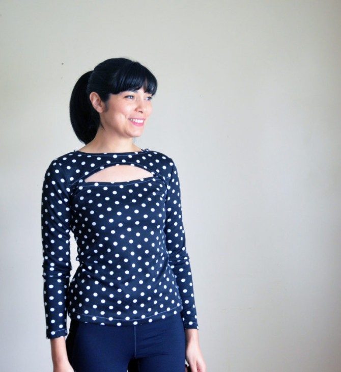 Free ladies simple cut out long sleeved top with peep hole in front bodice, boat neck sewing pattern