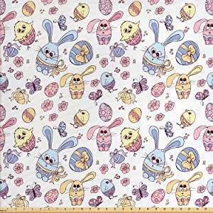 Cheerful kids pattern with funny bunny and chickens by the yard