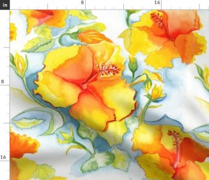 Yellow hibiscus watercolour tropical floral print linen fabric, available from Amazon