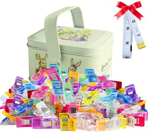 100 Multi purpose clips for fabric, with cute tin and measuring tape - use these clips instead of traditional pins (Amazon paid link)