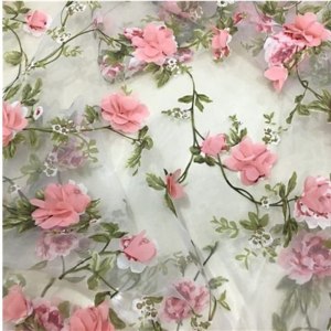 Lace organza fabric 3D pink chiffon floral embroidery fabric