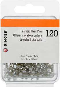 120 Singer Pearlised Straight Head Pins, size 24. (Amazon paid link)