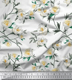 White cotton voile fabric magnolia print by the yard