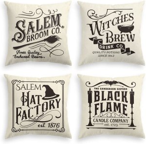 Halloween Broom, Witches Brew, Hat, Salem Pillow Covers Set x 4 (Amazon paid link)