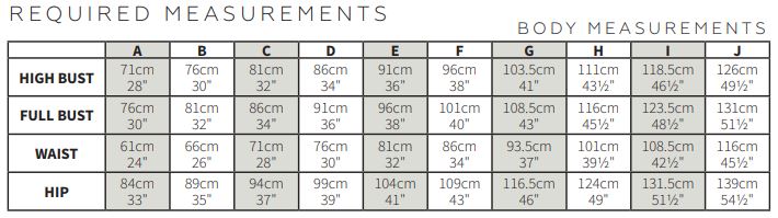 Playsuit size and measurement chart 