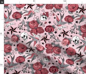 Girly tattoo retro roses skull jersey knit fabric available from Amazon
